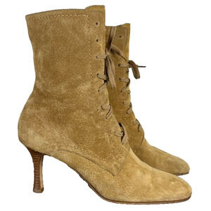 Isaac Mizrahi Boots Womens 8M Tan Made In Italy Suede Heels Lace Up